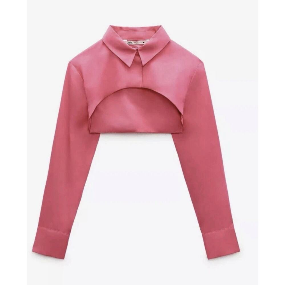 Zara Fuchsia Poplin Cropped Long Sleeve Collared Top | S | 4886/253
